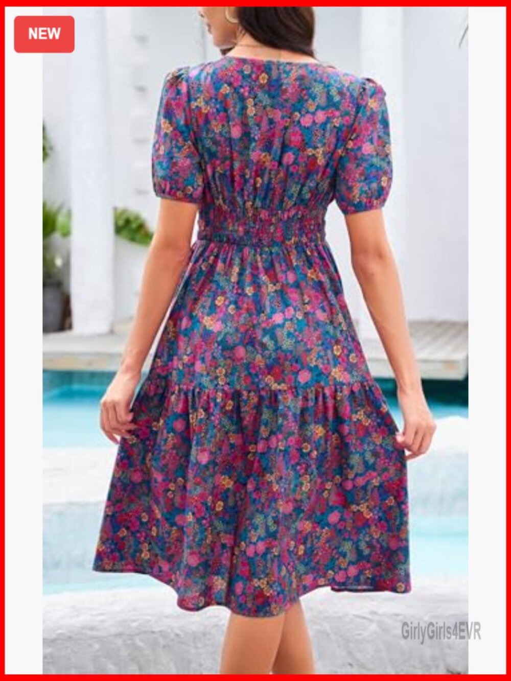 Women Summer Boho Floral Midi Dress Smocked Waist Tiered Flowy Swing - Picture 5 of 7